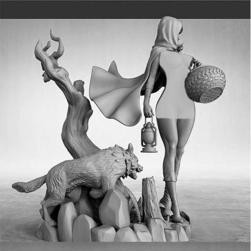 75mm Female Sorceress with Wolf, Resin Model Figure Kit, Fantasy Theme, Unassembled and Unpainted