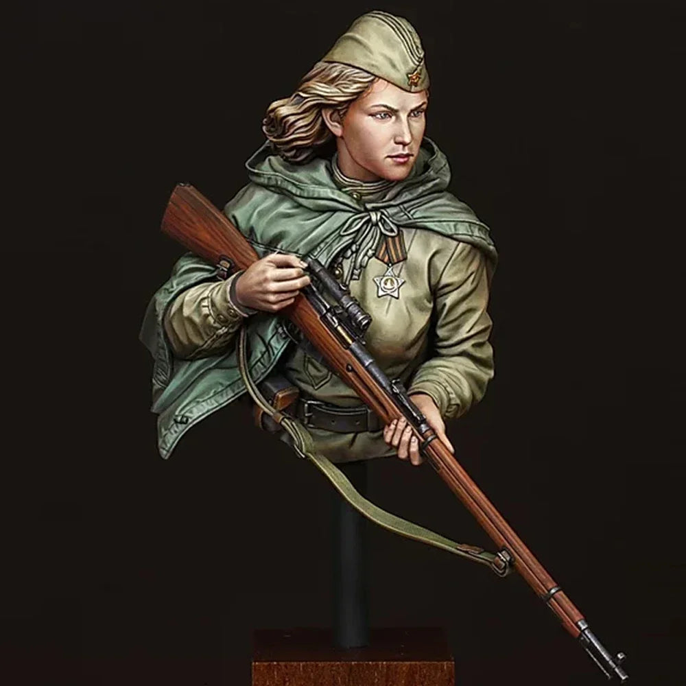 1/10 WWII Soviet Woman Sniper with Mosin-Nagant, Resin Model Bust Kit, Unassembled and Unpainted