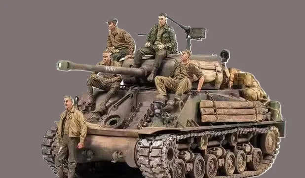 1/35 WWII Allied Sherman Tank, 5 Figures, Resin Model Vehicle Kit, Unassembled and Unpainted