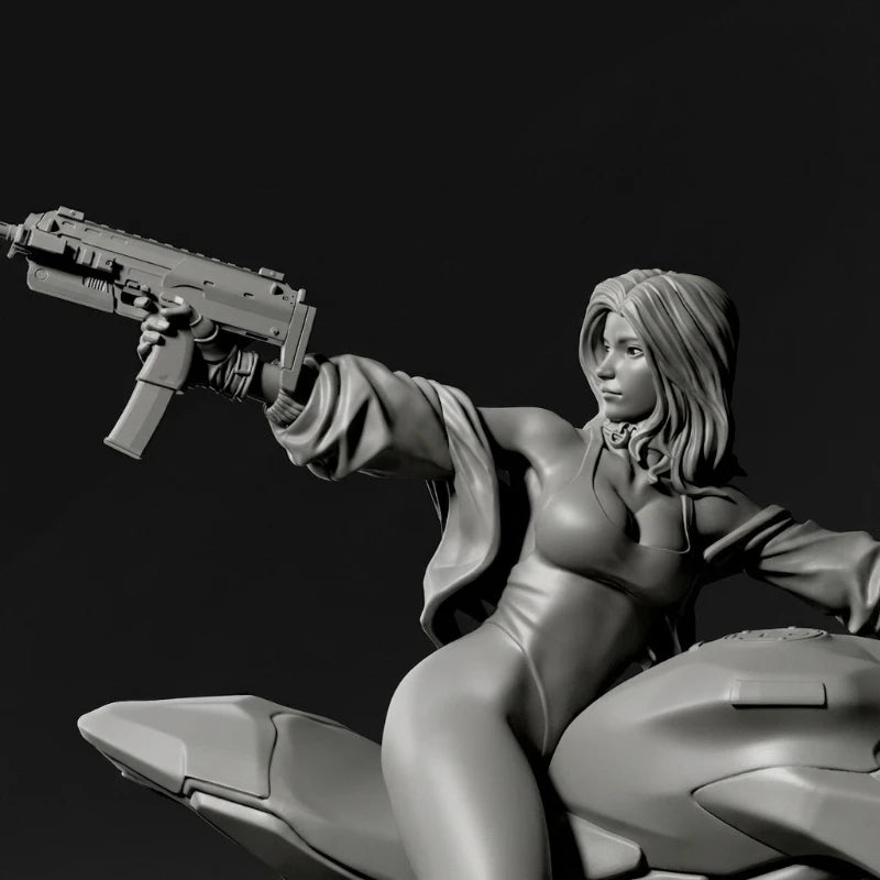 75mm Modern Female Biker on Motorcycle, Resin Model Figure Kit, Unassembled and Unpainted