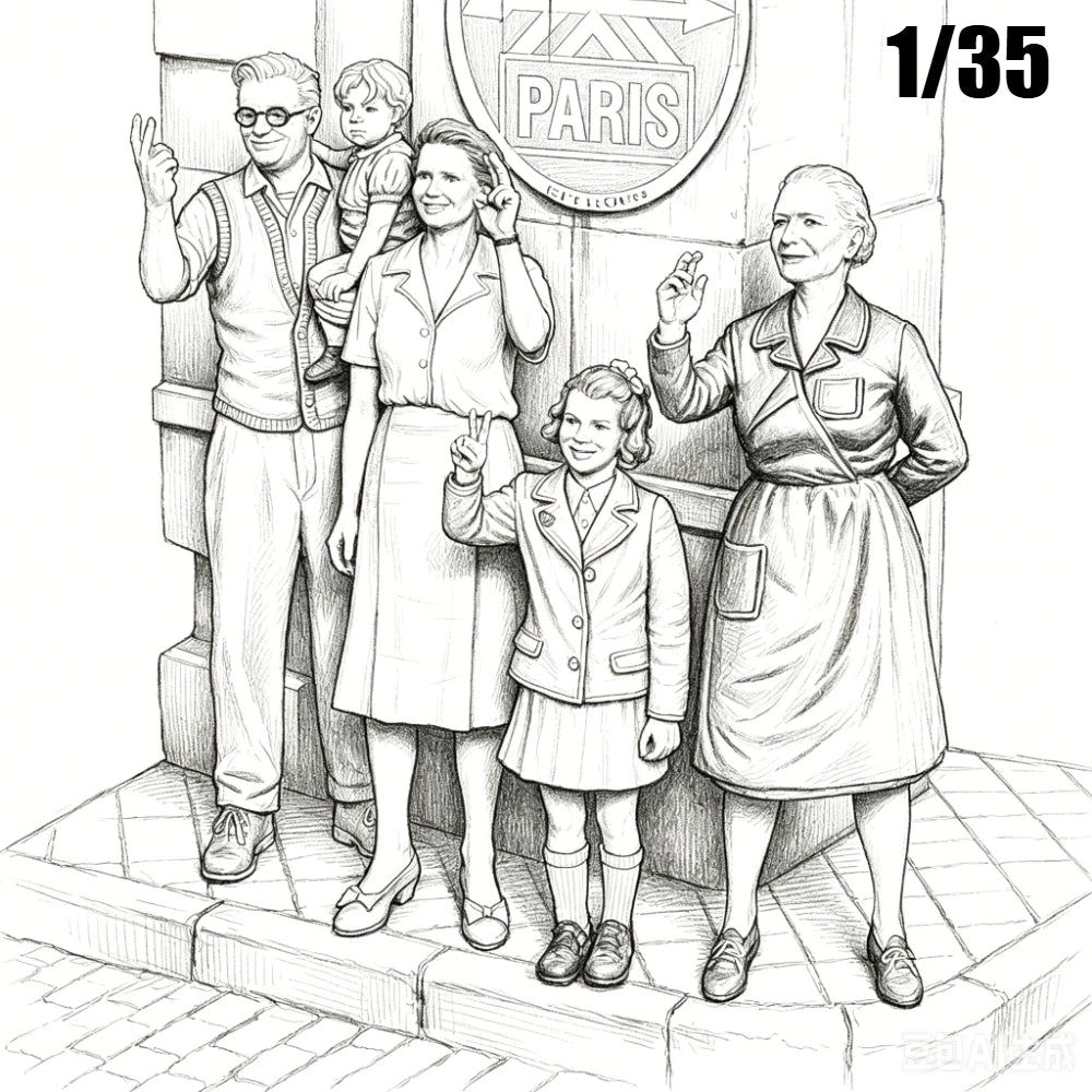 1/35 WWII 1940s Paris Civilian Family, 5 Figures, Resin Model Figure Kit, Unassembled and Unpainted