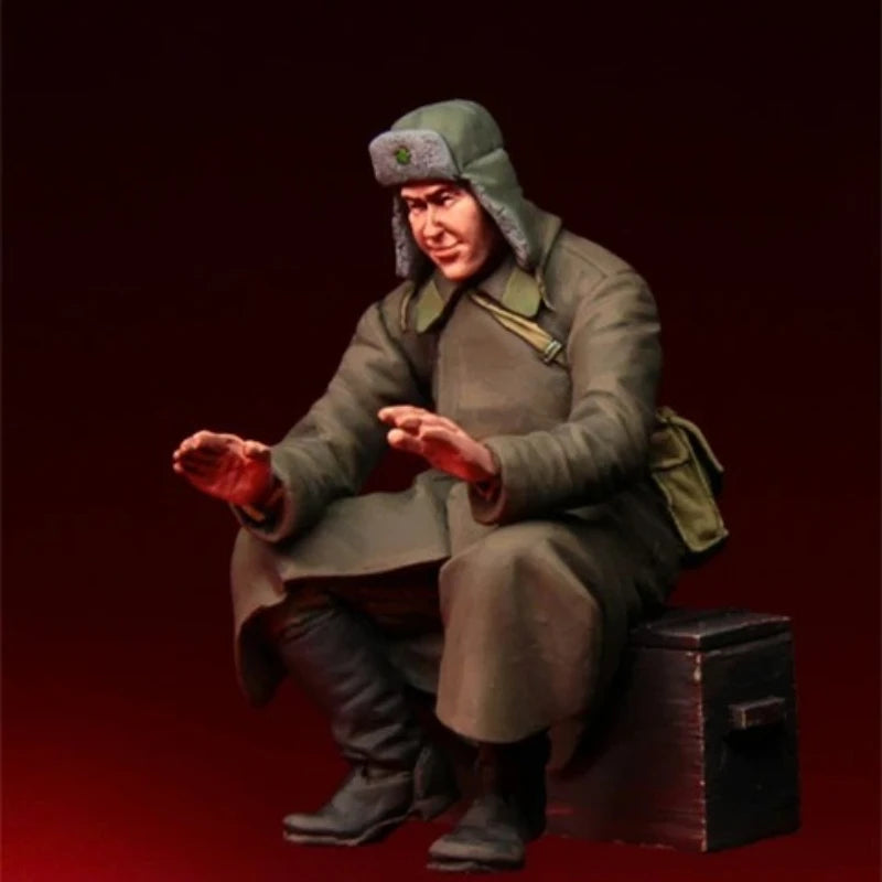 1/35 WWII Soviet Soldier in Ushanka Seated on Crate, Resin Model Figure Kit, Unassembled and Unpainted