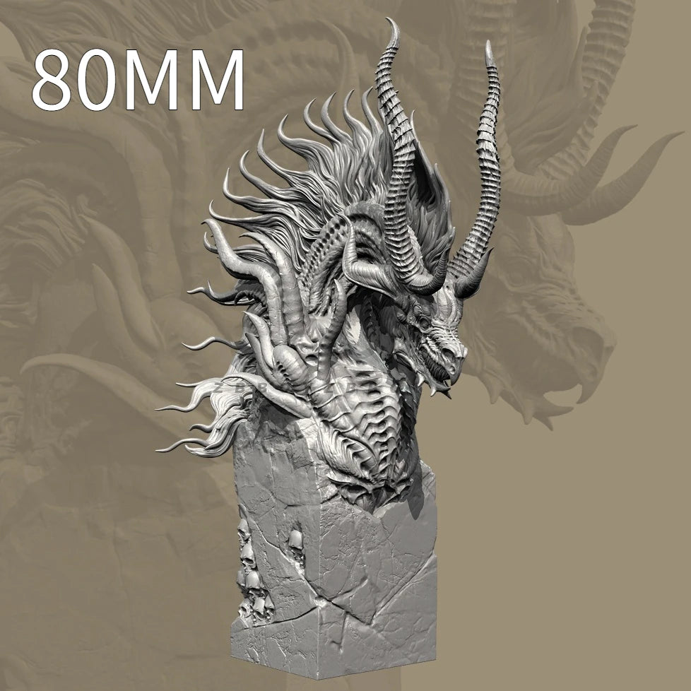 80mm Ornate Dragon with Curved Horns, Resin Model Bust Kit, Fantasy Theme, Unassembled and Unpainted