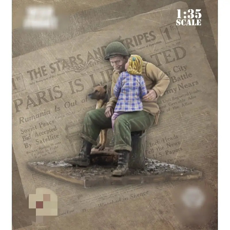 1/35 WWII American Soldier with Child & Dog, 3 Figures, Resin Model Figure Kit, Unassembled and Unpainted