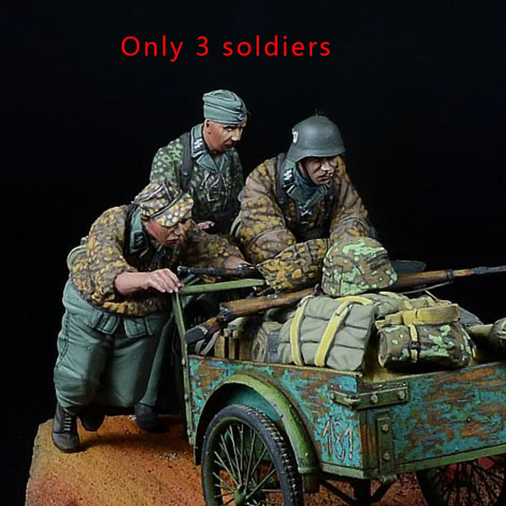 1/35 WWII Soldiers with Hand Cart, 3 Figures, Resin Model Figure Kit, Unassembled and Unpainted