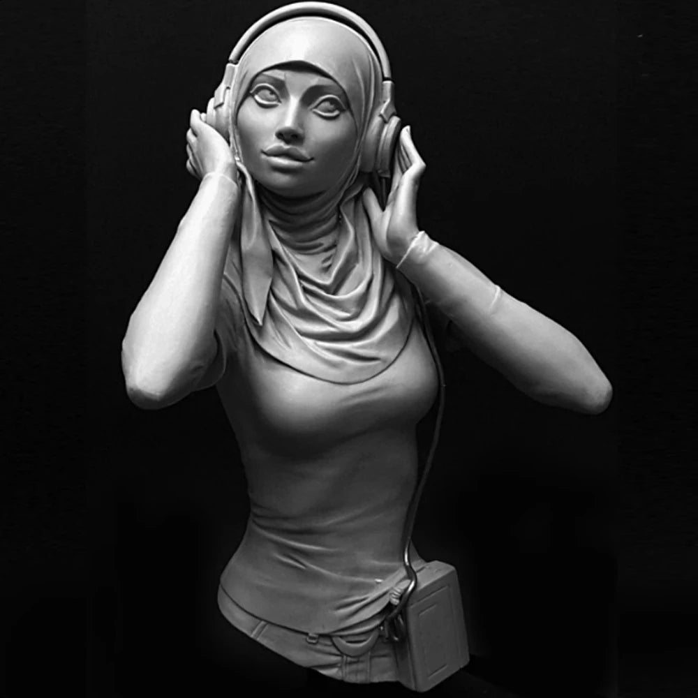 Modern Female in Hijab with Headphones, Resin Model Bust Kit, Unassembled and Unpainted