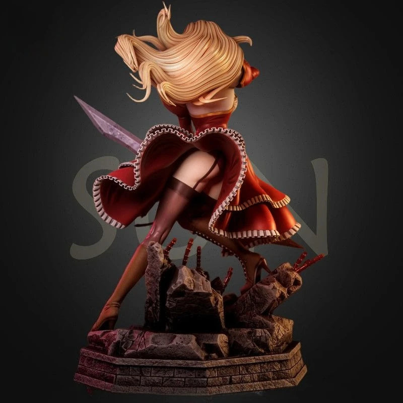 Blonde Sorceress in Scarlet with Purple Sword, Resin Model Figure Kit, Fantasy Theme, Unassembled and Unpainted