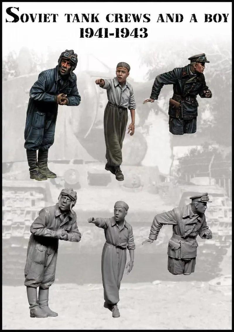 1/35 WWII Soviet Tank Crew with Boy, 5 Figures, Resin Model Figure Kit, Unassembled and Unpainted