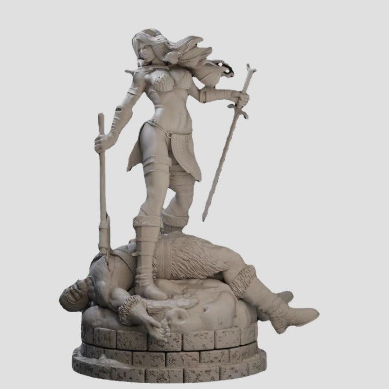1/24 Female Warrior with Sword on Stone Ruins, Resin Model Figure Kit, Fantasy Theme, Unassembled and Unpainted