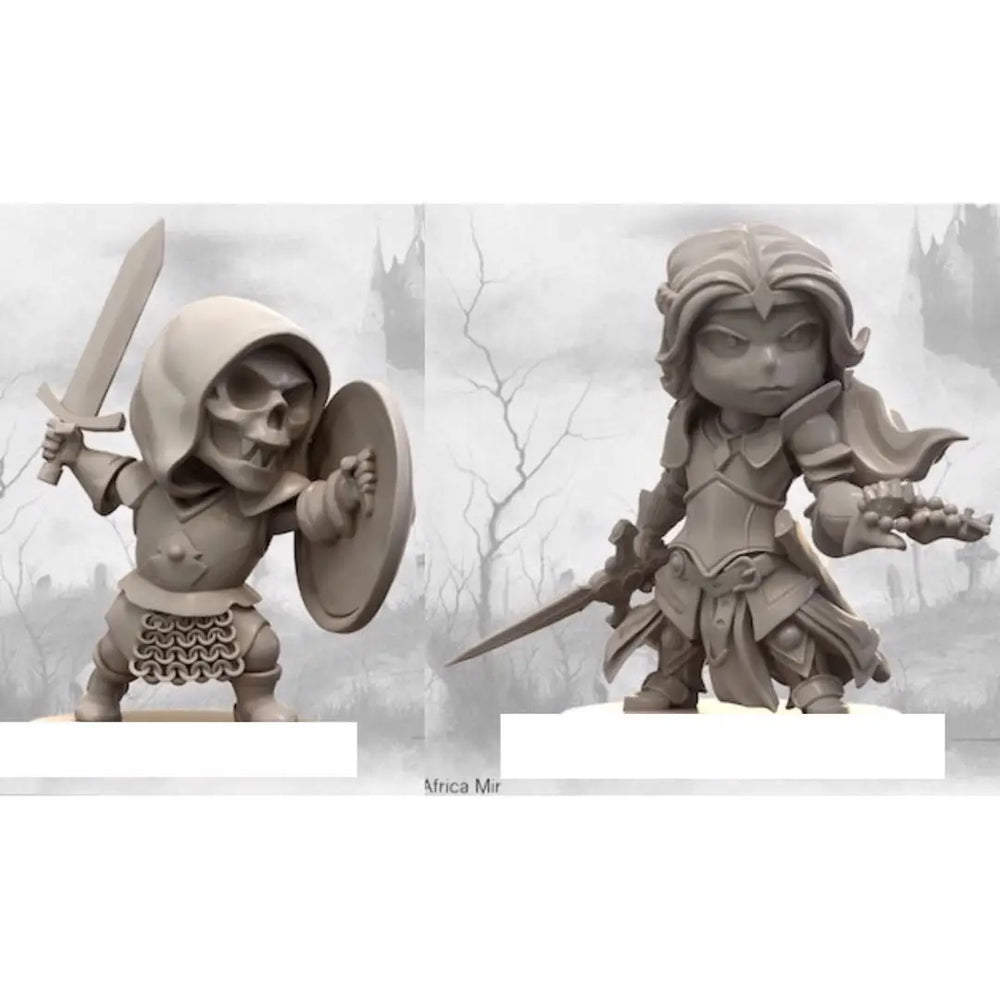 Chibi Skull Warriors, 2 Figures, Resin Model Figure Kit, Fantasy Theme, Unassembled and Unpainted