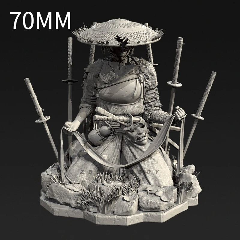 90mm Female Warrior with Conical Hat and Twin Sabers, Resin Model Figure Kit, Fantasy Theme, Unassembled and Unpainted