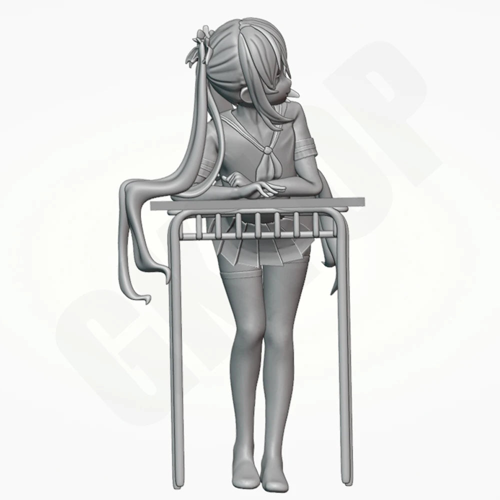 1/24 Schoolgirl with Twin Tails at Table, Resin Model Figure Kit, Anime Theme, Unassembled and Unpainted