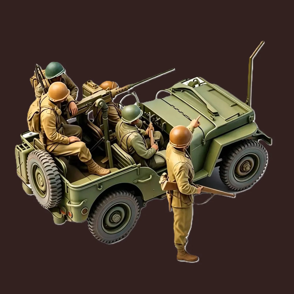 1/35 WWII Allied Soldiers with Jeep, 5 Figures, Resin Model Vehicle Kit, Unassembled and Unpainted