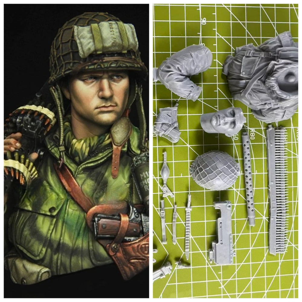 1/10 WWII US Paratrooper with Helmet Net and Garand, Resin Model Bust Kit, Unassembled and Unpainted
