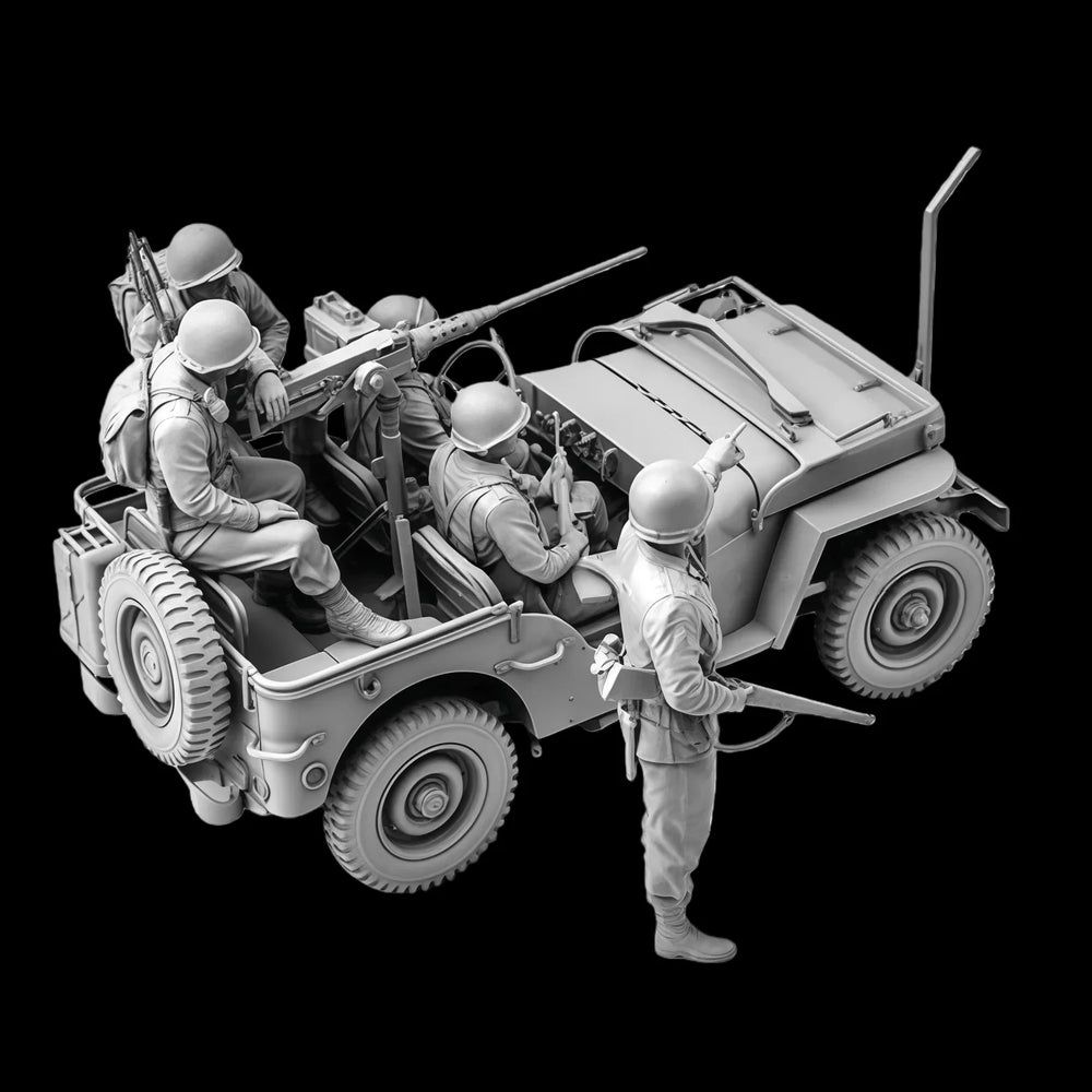 1/35 WWII Jeep Transport & Crew, 5 Figures, Resin Model Vehicle Kit, Unassembled and Unpainted
