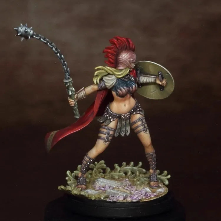 30mm Tribal Warrior with Spiked Mohawk Flail and Shield, Resin Model Figure Kit, Fantasy Theme, Unassembled and Unpainted