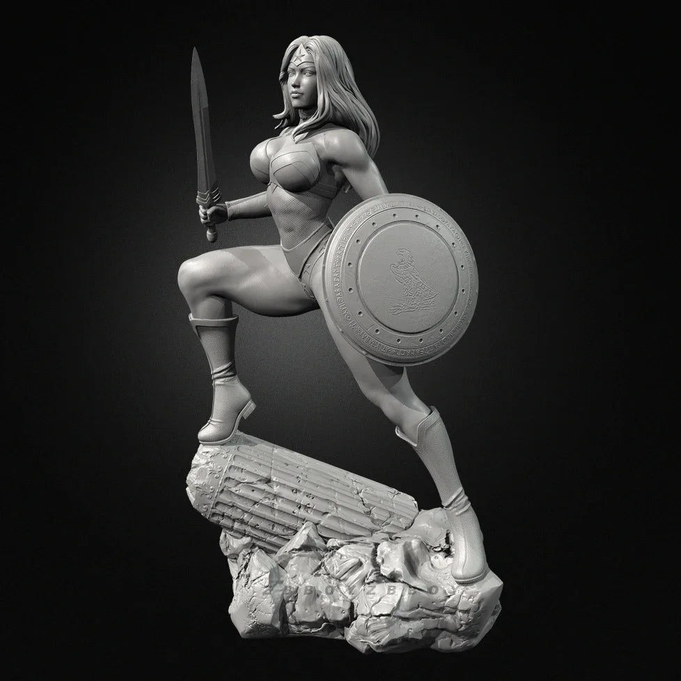 75mm Female Warrior with Longsword and Round Shield, Resin Model Figure Kit, Fantasy Theme, Unassembled and Unpainted