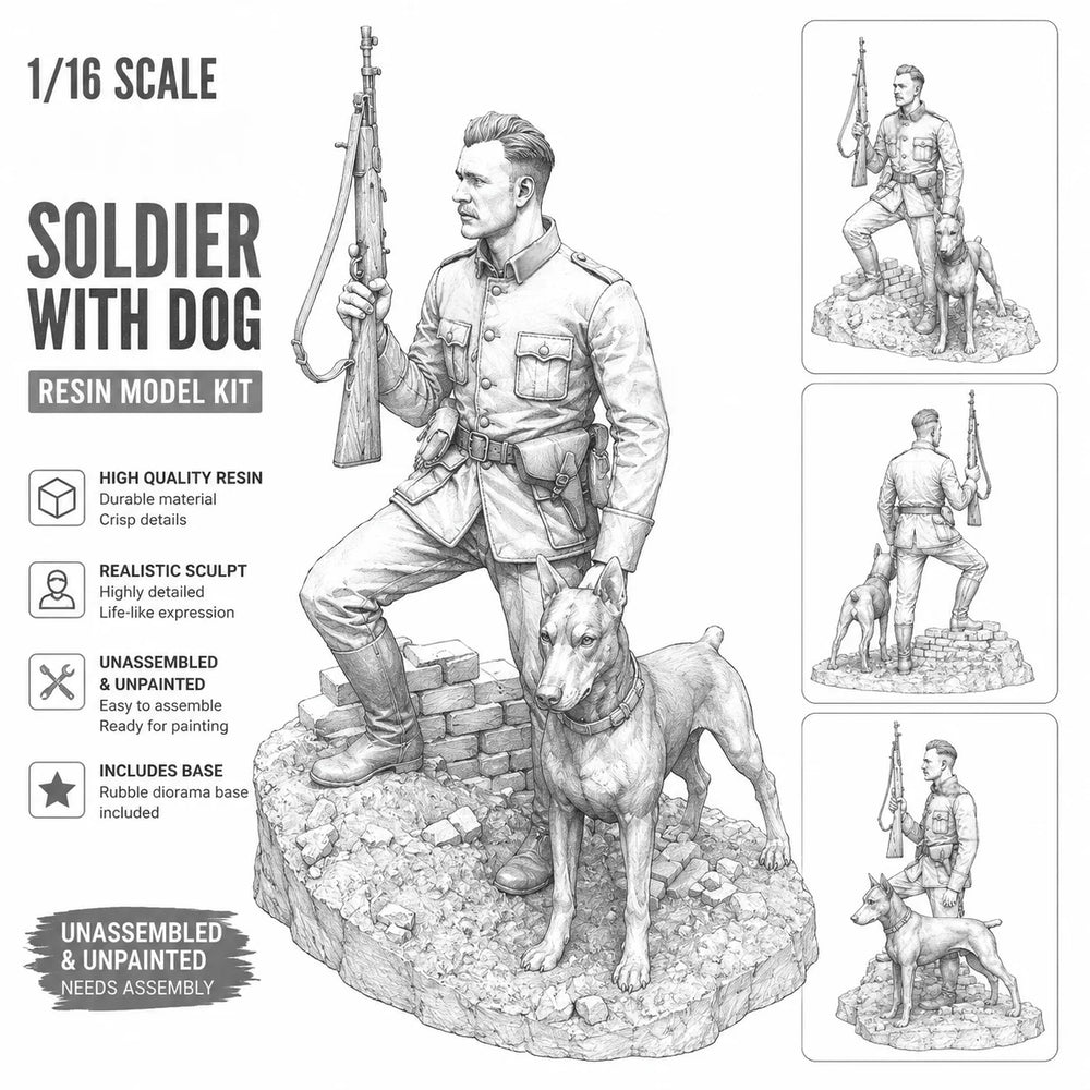 1/16 WWII Soldier with Military Dog, 2 Figures, Resin Model Figure Kit, Unassembled and Unpainted