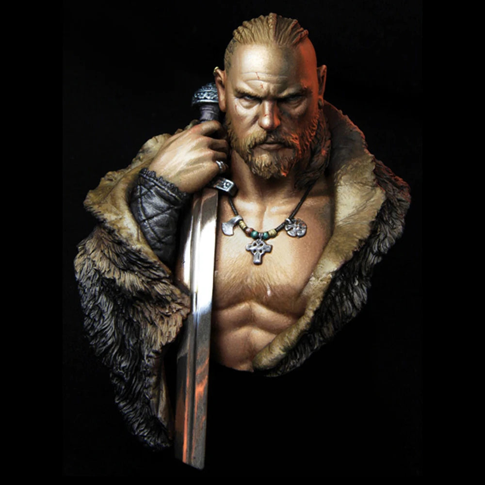 1/10 Medieval Viking Jarl Holding Sword with Fur Armor, Resin Model Bust Kit, Unassembled and Unpainted