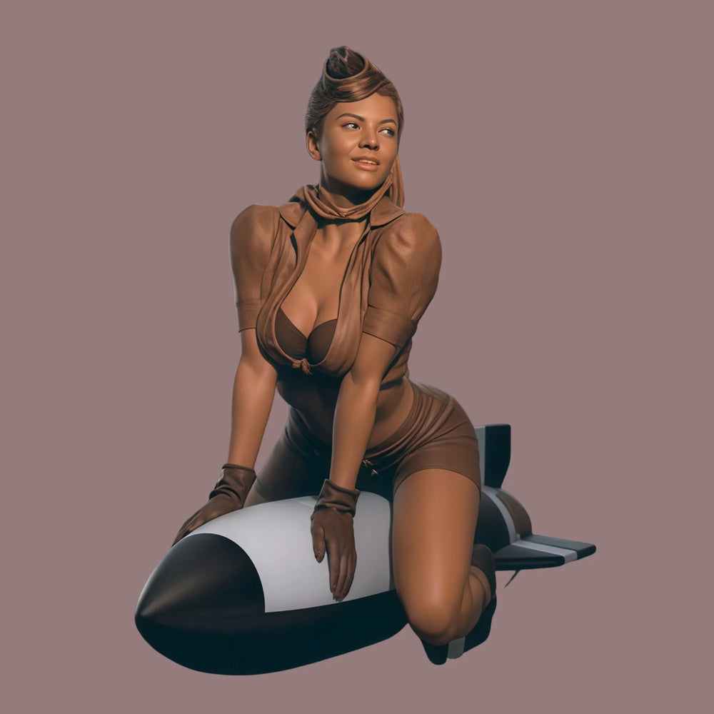 1/24 WWII Female Pilot Pin-Up on Bomb, Resin Model Figure Kit, Unassembled and Unpainted