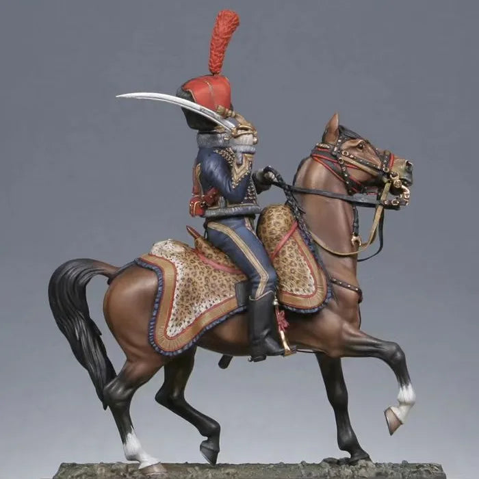 54mm Napoleonic Cavalry Officer with Red Plumed Helmet and Sabre, Resin Model Figure Kit, Unassembled and Unpainted