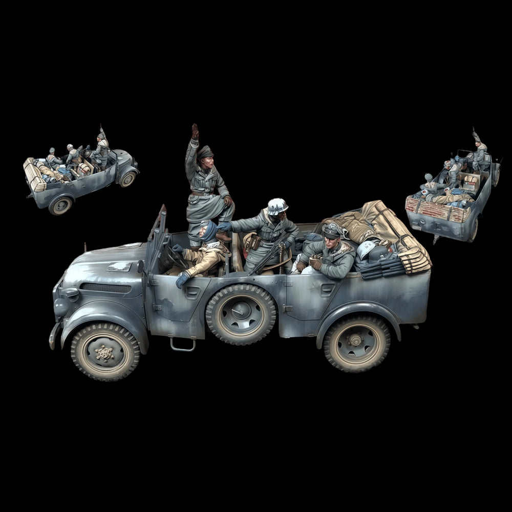 1/35 WWII Soldiers with Transport Truck, 4 Figures, Resin Model Figure Kit, Unassembled and Unpainted