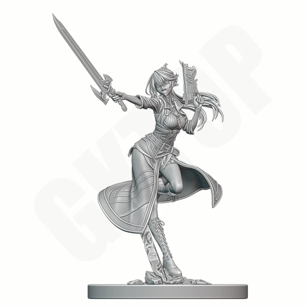 1/24 Magenta-Haired Warrior with Raised Sword, Resin Model Figure Kit, Fantasy Theme, Unassembled and Unpainted