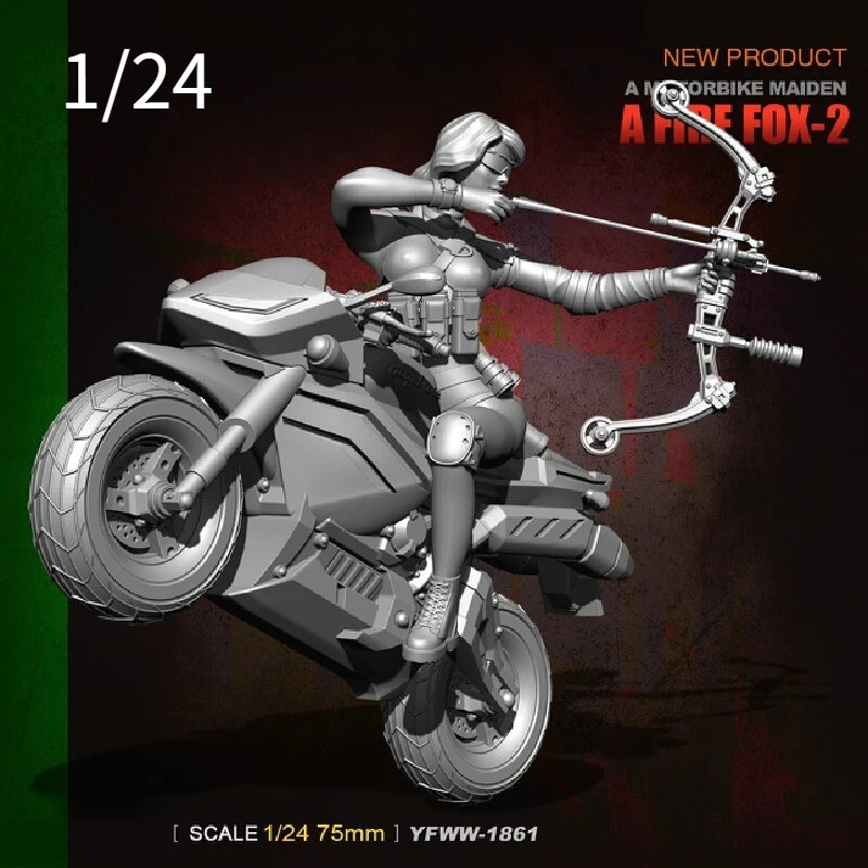 1/24 Female Commando on Motorcycle, Resin Model Figure Kit, Unassembled and Unpainted