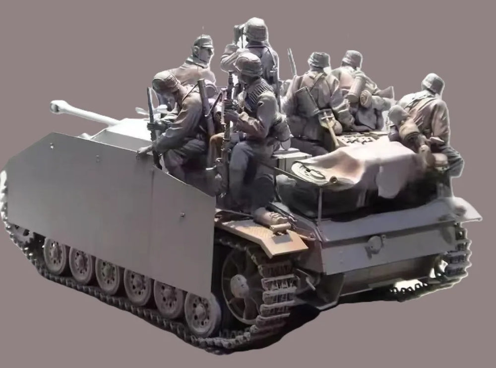 1/16 WWII Military with Armored Vehicle & Infantry, 9 Figures, Resin Model Diorama Kit, Unassembled and Unpainted