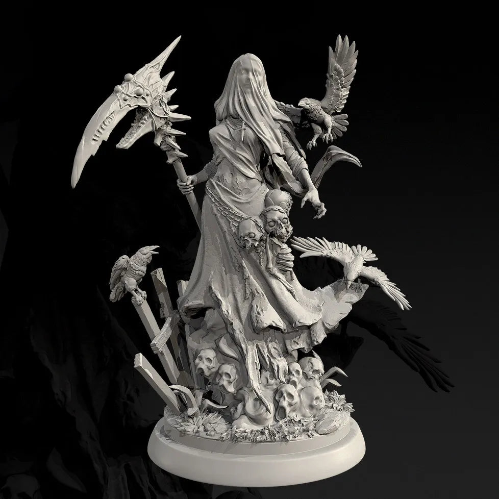 75mm Sorceress with Scythe and Raven Familiars, Resin Model Figure Kit, Fantasy Theme, Unassembled and Unpainted