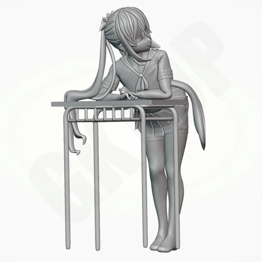 1/24 Schoolgirl with Twin Tails at Table, Resin Model Figure Kit, Anime Theme, Unassembled and Unpainted