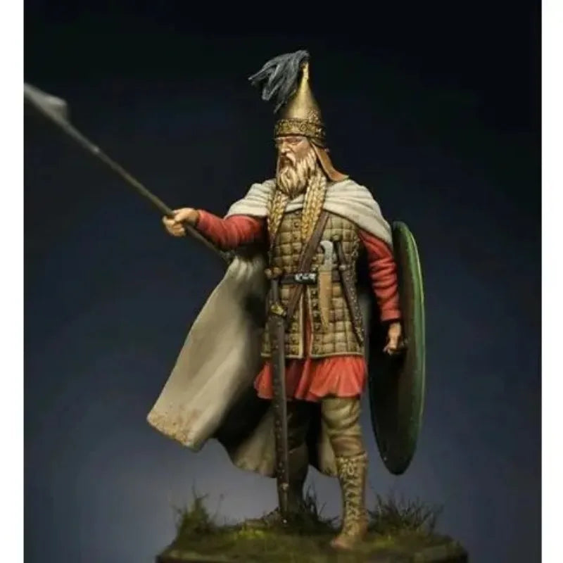 75mm Medieval Celtic Warrior with Pointed Helm and Round Shield, Resin Model Figure Kit, Unassembled and Unpainted