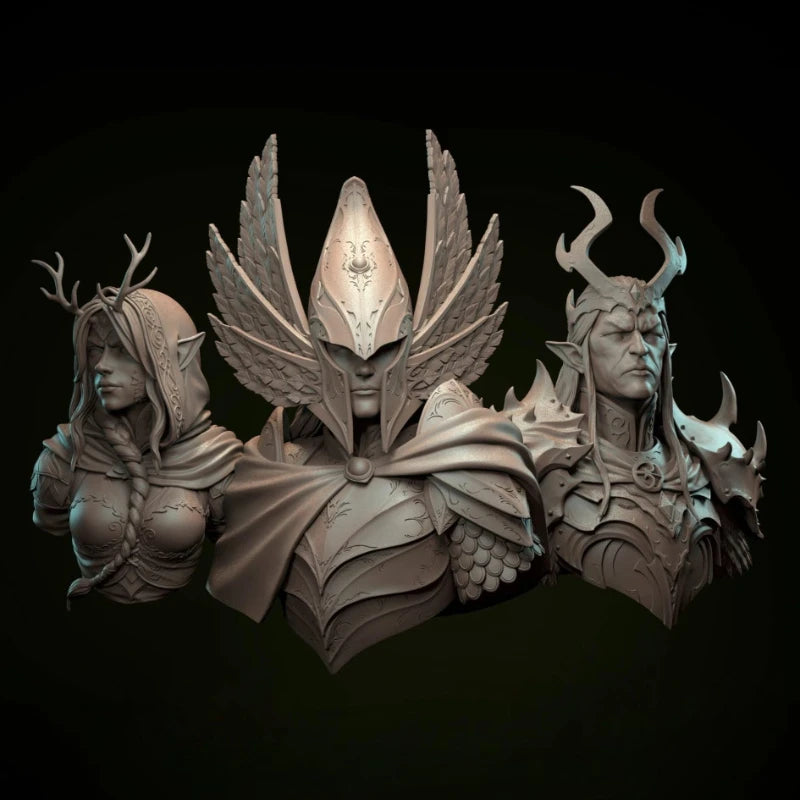 Elven Warriors, 3 Figures, Resin Model Bust Kit, Fantasy Theme, Unassembled and Unpainted