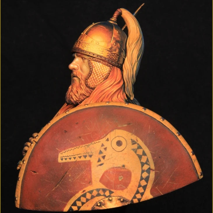 1/10 Medieval Red-Bearded Viking in Horned Helm with Shield, Resin Model Bust Kit, Unassembled and Unpainted