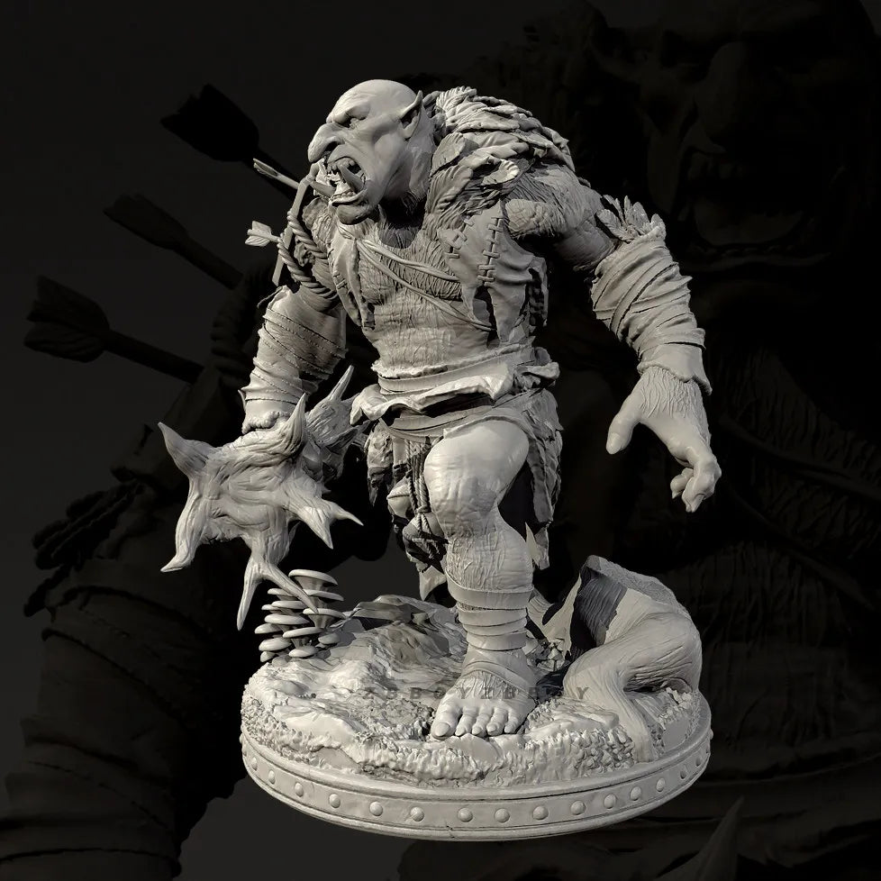 75mm Tusked Orc Barbarian with Bone Club, Resin Model Figure Kit, Fantasy Theme, Unassembled and Unpainted