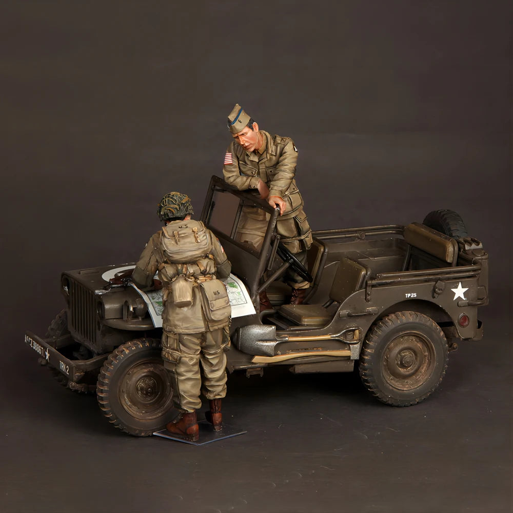 1/35 WWII US Army Soldiers with Willys MB Jeep, 2 Figures, Resin Model Figure Kit, Unassembled and Unpainted