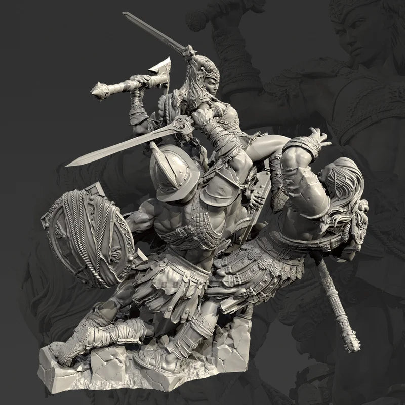 115mm Warriors Combat, 3 Figures, Resin Model Diorama Kit, Fantasy Theme, Unassembled and Unpainted