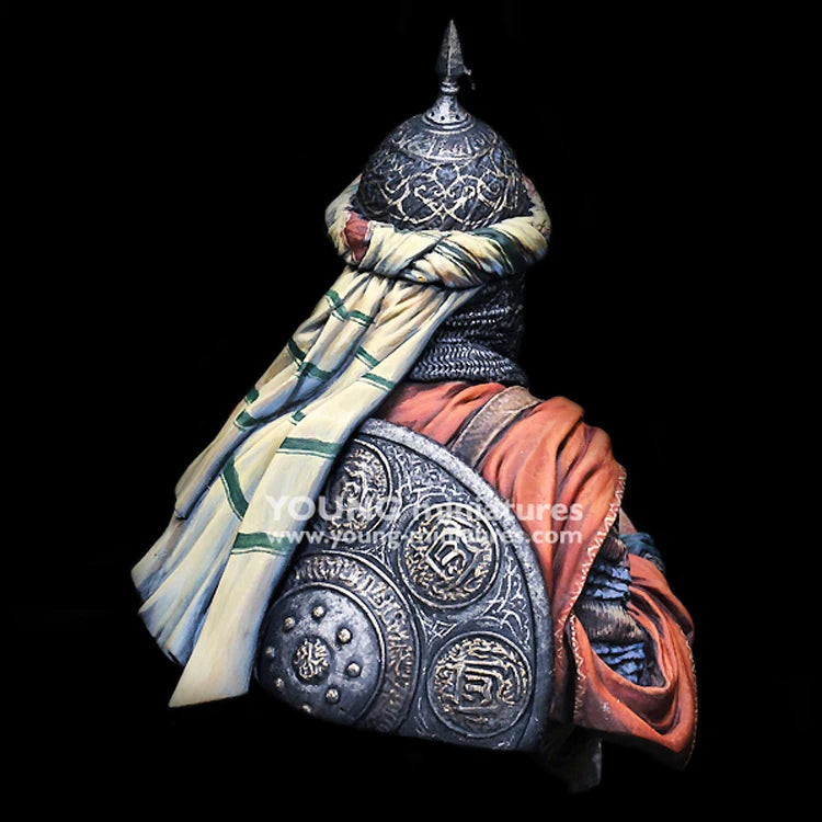 1/10 Medieval Arabian Warrior in Ornate Spiked Helm with Orange Cape, Resin Model Bust Kit, Unassembled and Unpainted