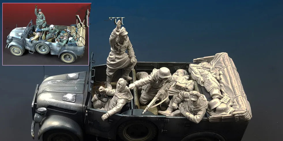 1/35 WWII German Infantry Transport Truck, 8 Figures, Resin Model Figure Kit, Unassembled and Unpainted
