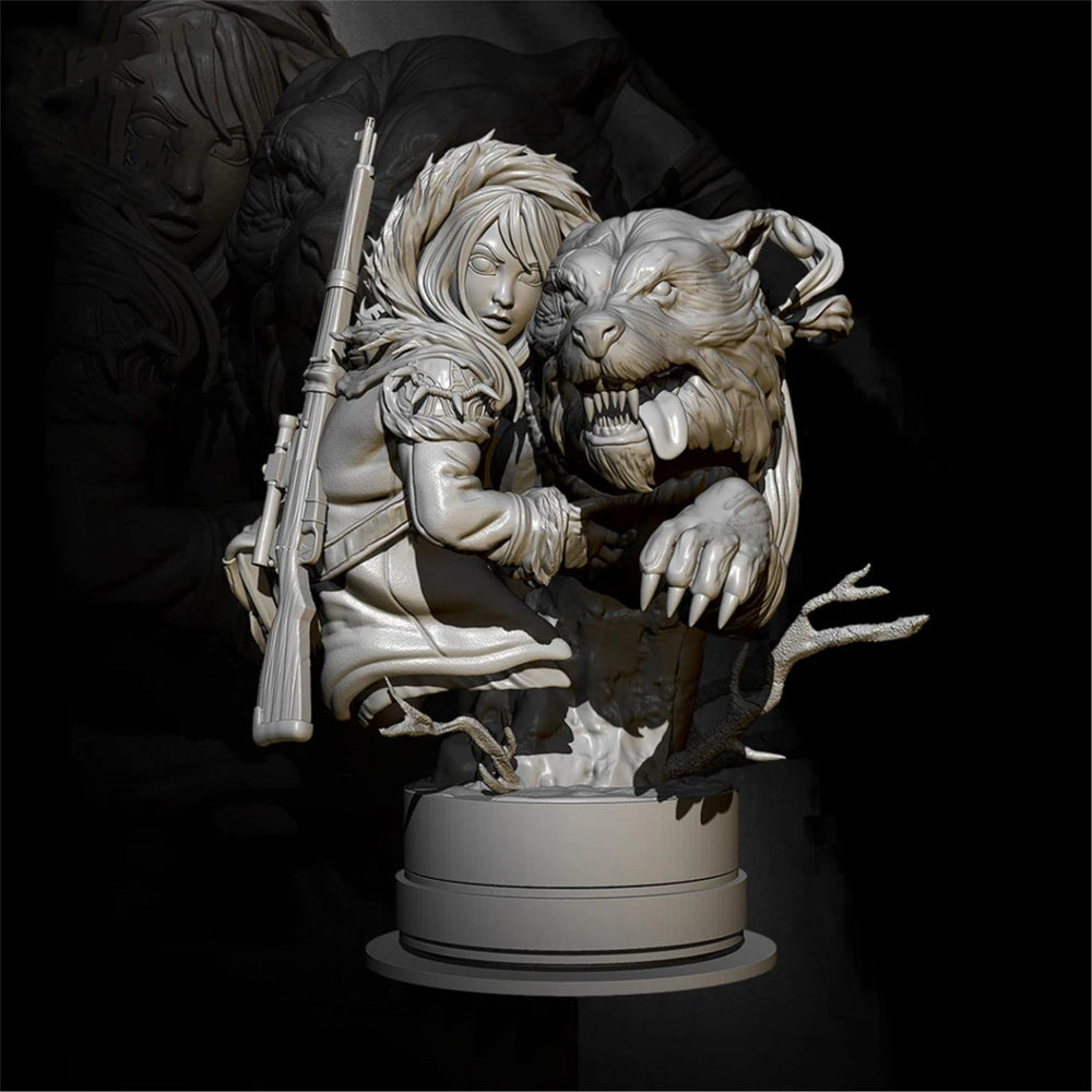 1/12 Ancient Hunter Girl with Wolf, Resin Model Bust Kit, Fantasy Theme, Unassembled and Unpainted