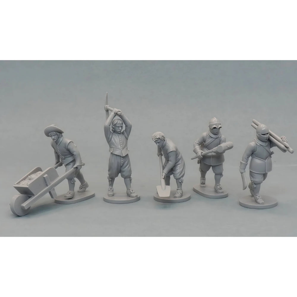 28mm Medieval Siege Workers, 5 Figures, Resin Model Figure Kit, Unassembled and Unpainted
