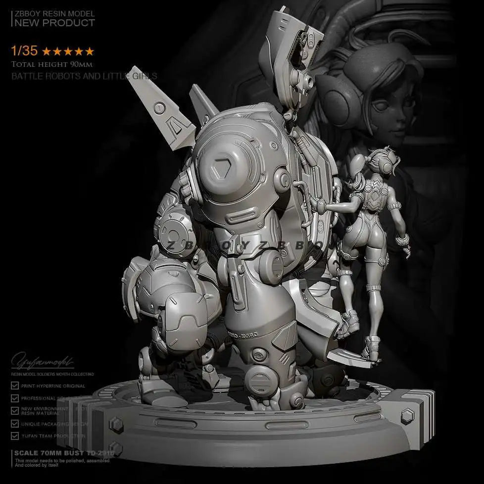 1/35 Mecha Robot with Girl, 2 Figures, Resin Model Figure Kit, Sci-Fi Theme, Unassembled and Unpainted