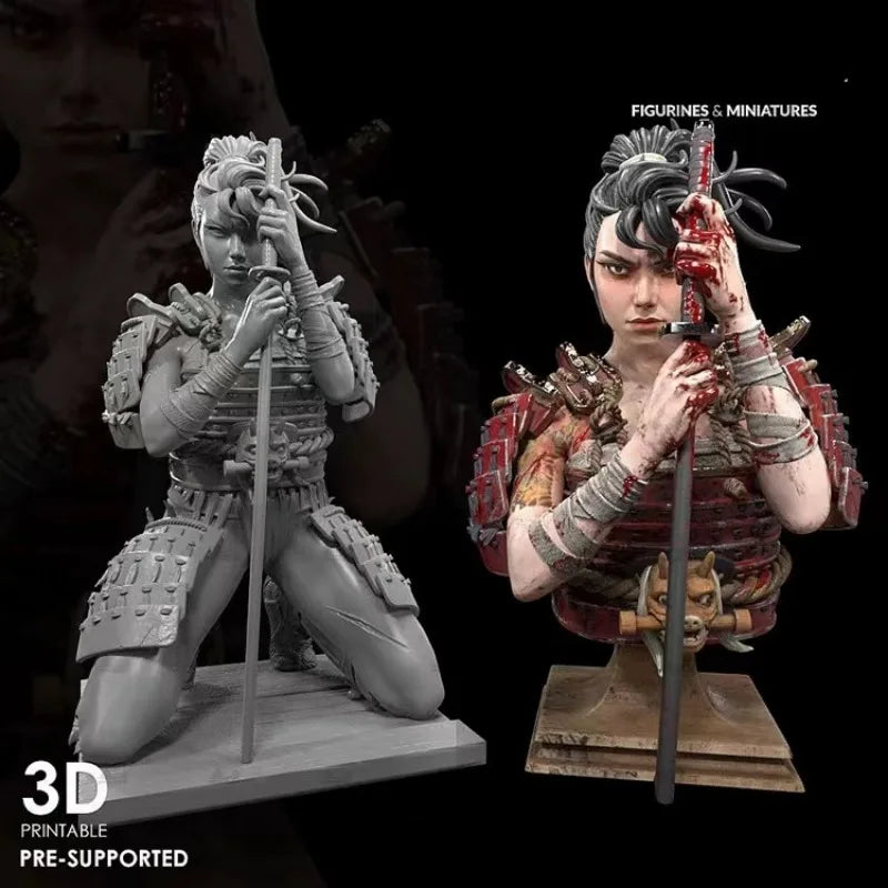 1/24 Medieval Female Samurai Warrior Kneeling with Katana, Resin Model Figure Kit, Unassembled and Unpainted