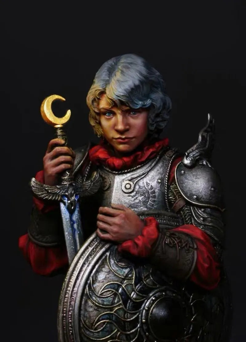 1/10 Medieval Youthful Sorcerer with Crescent Staff and Sword, Resin Model Bust Kit, Unassembled and Unpainted