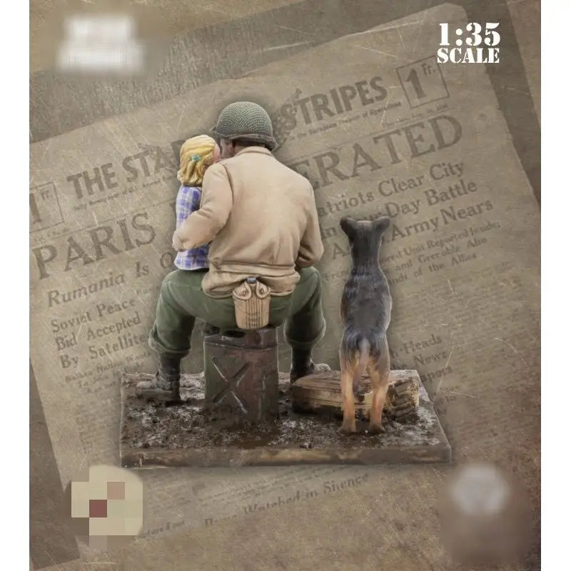 1/35 WWII American Soldier with Child & Dog, 3 Figures, Resin Model Figure Kit, Unassembled and Unpainted