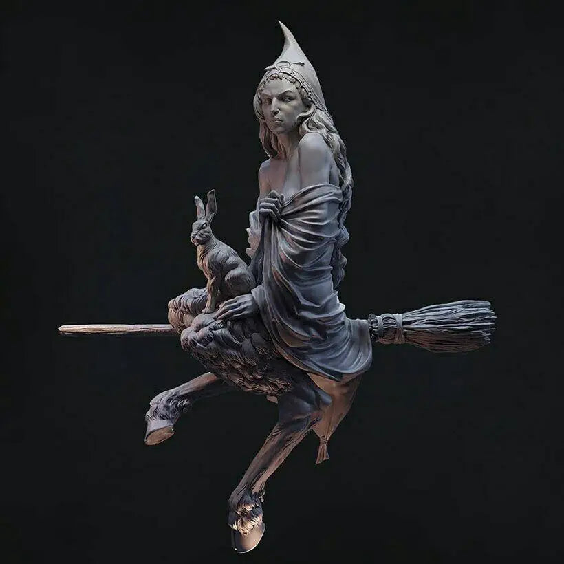 1/24 Flying Witch with Staff on Broomstick, Resin Model Figure Kit, Fantasy Theme, Unassembled and Unpainted