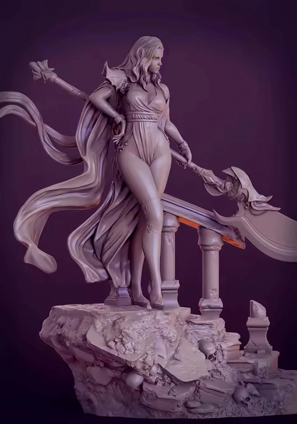1/24 Sorceress with Staff on Stone Base, Resin Model Figure Kit, Fantasy Theme, Unassembled and Unpainted