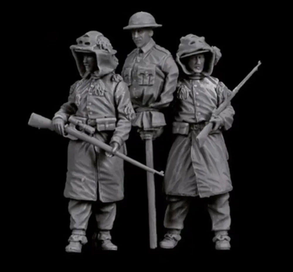 1/35 WWI British Infantry with Officer and Gas Masks, 3 Figures, Resin Model Figure Kit, Unassembled and Unpainted