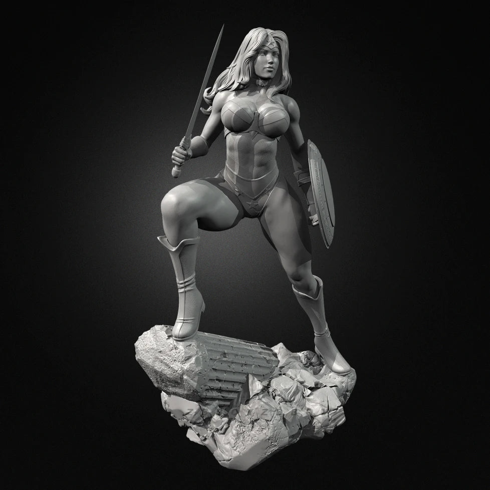 75mm Female Warrior with Longsword and Round Shield, Resin Model Figure Kit, Fantasy Theme, Unassembled and Unpainted