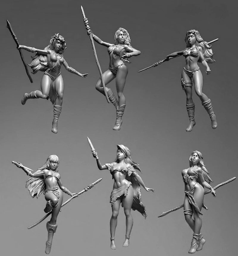 1/24 Spear-Armed Amazon Warriors in Combat Poses, 6 Figures, Resin Model Figure Kit, Fantasy Theme, Unassembled and Unpainted